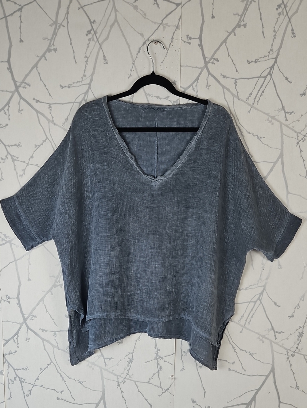 Vibe Apparel Blue Gray Cotton Linen Woven Loose Fit V-Neck Top